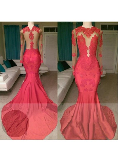 2018 Red Mermaid  See Through Long Sleeves Satin Appliques Long Prom Dresses