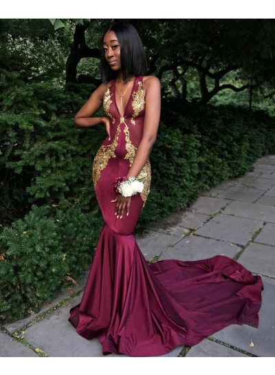 Sexy Mermaid  Burgundy V Neck With Gold Appliques Long African Prom Dresses