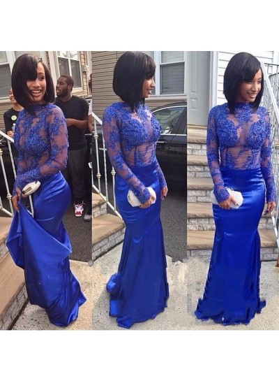 Royal Blue Sheath Long Sleeves See Through Elastic Satin African Lace Prom Dresses
