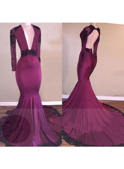 Sexy Burgundy Long Sleeves Elastic Satin Deep V Neck African Backless Long Prom Dresses With Black Appliques