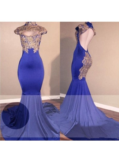 High Quality Mermaid  Royal Blue High Neck Backless Long Sleeves African Prom Dresses With Gold Appliques