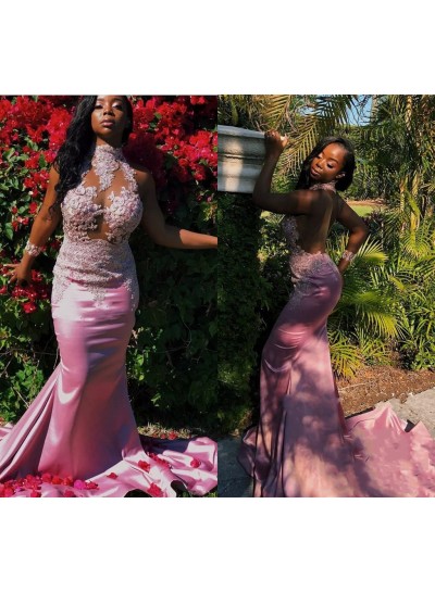 Alluring Mermaid  Pink High Neck African Long Train Backless See Through Prom Dresses 