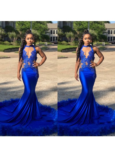 New Arrival Mermaid  See Through Royal Blue With Feathers African Long Prom Dresses