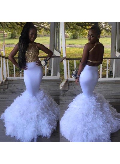 Sexy White With Gold Appliques Mermaid  Pleated Backless Elastic Satin African Prom Dresses