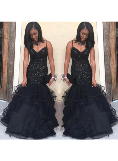 Black Sweetheart Long Tulle Mermaid  Spaghetti Straps Mermaid  African Prom Dresses