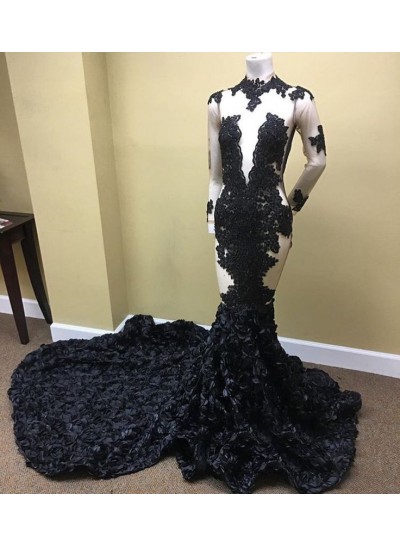 Alluring Mermaid  Black See Through Long Sleeves Rose Long High Neck Prom Dresses
