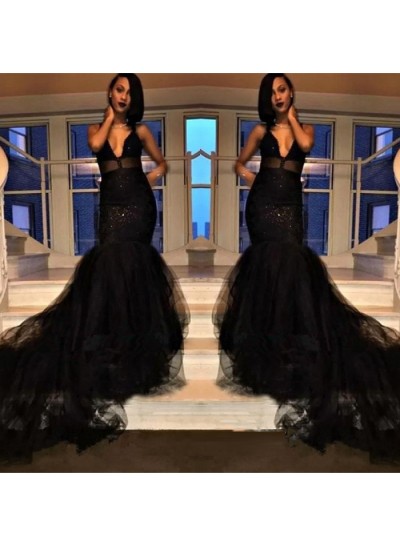 Sexy Black Deep V Neck Backless Tulle Long Train Prom Dresses