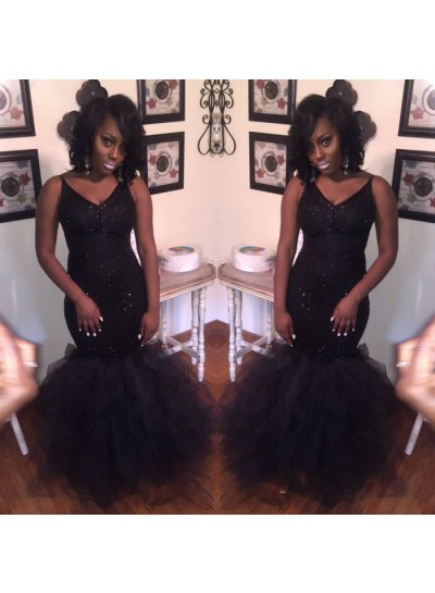 Shiny Black Mermaid  Sweetheart Tulle African Prom Dresses