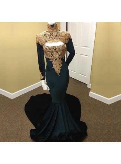 New Arrival Mermaid  Dark Green With Gold Appliques Long Sleeves High Neck Velvet African Prom Dresses