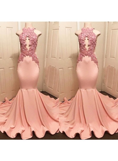 Newly Mermaid  Dusty Rose High Neck Backless With Appliques Long Prom Dresses