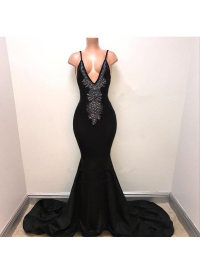 Sexy Mermaid  Black Deep V Neck With Beaded Backless Long Prom Dresses