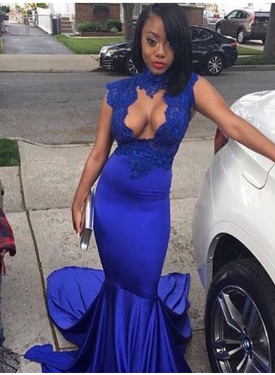 Royal Blue Open Front Elastic Satin Sheath African Long Prom Dresses With Appliques