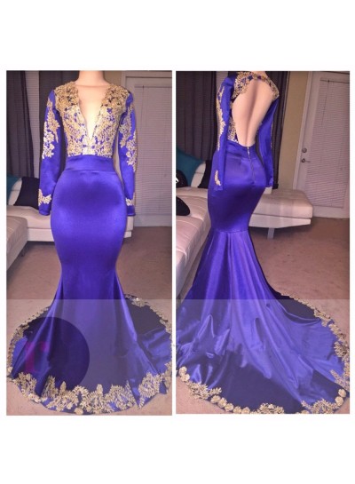 Mermaid  Long Sleeves Royal Blue With Gold Appliques V Neck Backless Long Prom Dresses