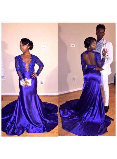 Newly Sheath Royal Blue With Appliques Long Sleeves Open Front Long Prom Dresses