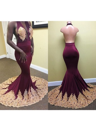 Sexy Burgundy With Gold Appliques Halter V Neck Backless Open Front Long Prom Dresses
