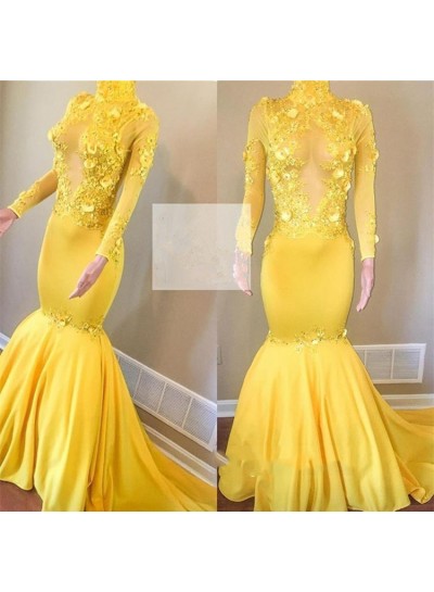 Mermaid  Daffodil Long Sleeves See Through High Neck African Prom Dresses With Appliques