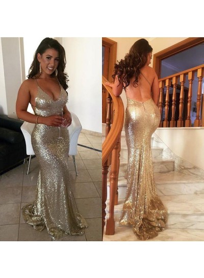 Sexy Backless Gold Sequence Sheath Long Halter Prom Dresses 