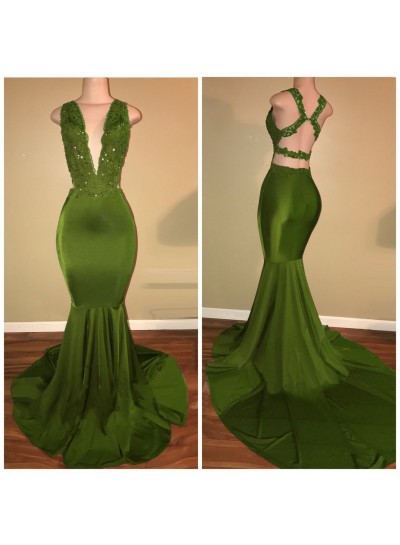 Sexy Green Mermaid  Deep V Neck Criss Cross Backless Long Prom Dresses