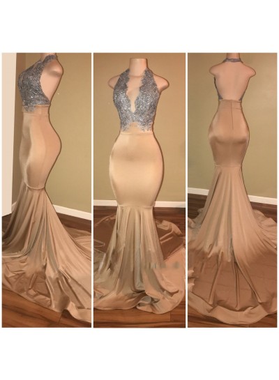 Sexy Champagne With Silver Appliques Mermaid  Deep V Open Front Backless Long Prom Dresses