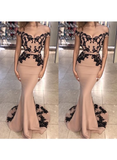 Amazing Mermaid  Off Shoulder Satin Champagne With Black Appliques Long Prom Dresses