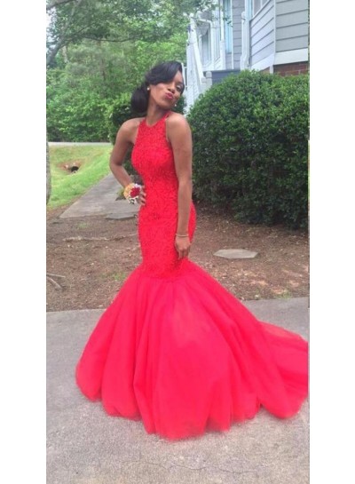 Sexy Red Mermaid  African Tulle Beaded Prom Dresses