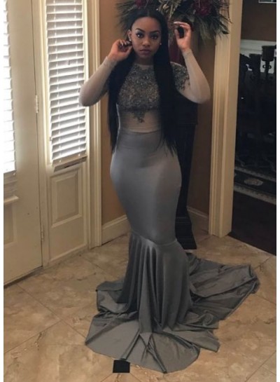 Long Mermaid  Gray Long Sleeves Gray See Through Prom Dresses With Appliques