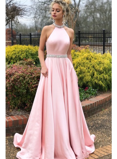 Elegant A Line Pink Satin Backless Halter Long Prom Dresses
