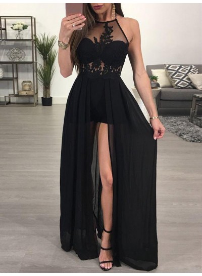 Black A Line Chiffon Side Slit With Appliques See Through Halter Prom Dresses