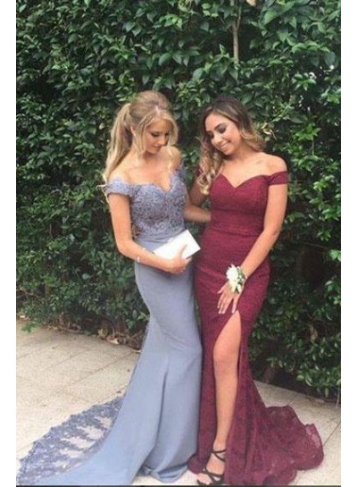 Alluring Sheath Gray Off Shoulder Sweetheart Lace Long Prom Dresses