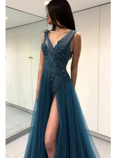 Charming Tulle Side Slit A Line Blue Backless Prom Dresses With Appliques 