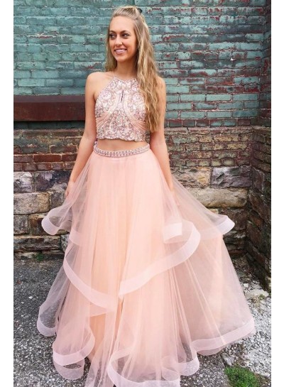 New Arrival A Line Tulle Halter Two Pieces Pink Ruffles Prom Dresses