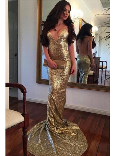 Sexy Gold Mermaid  Backless Deep V Neck Sequence Spaghetti Straps Long Prom Dresses