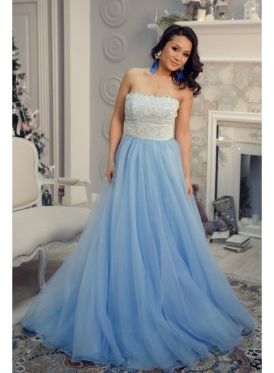 A Line Strapless Blue Organza Lace Prom Dresses