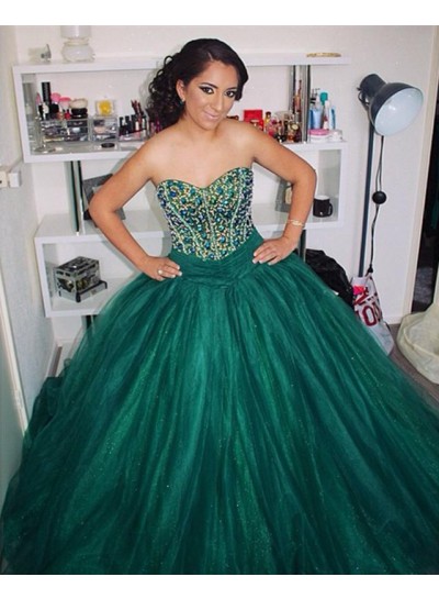 Teal Sweetheart Beaded Organza Ball Gown Prom Dresses