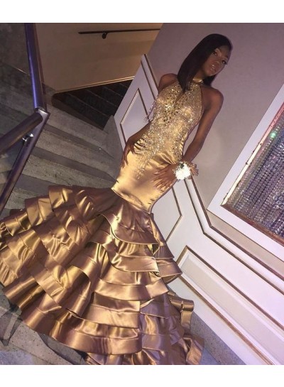 Sexy Tiered Gold Mermaid  Tiered Backless African American Black Women's Long Prom Dresses