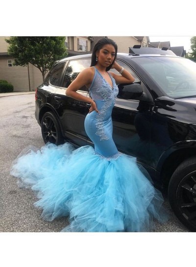 Sexy Mermaid  Blue V Neck Tulle Prom Dresses With Appliques African American Women's Prom Dresses