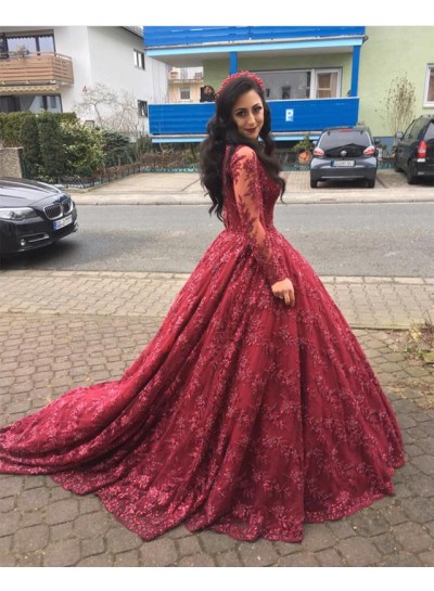 Burgundy Long Sleeves Lace Sweetheart Ball Gown Prom Dresses