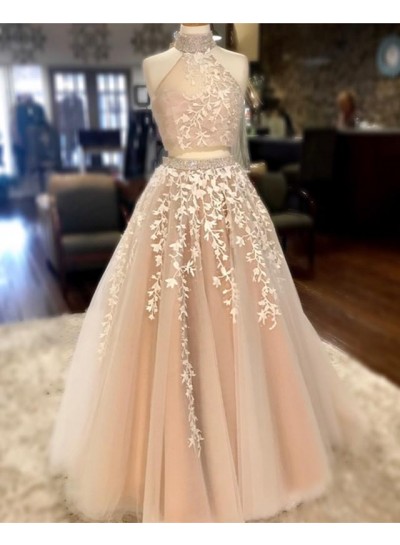 2022 New Arrival A Line Floor Length Tulle Champagne Two Pieces Long High Neck Prom Dresses