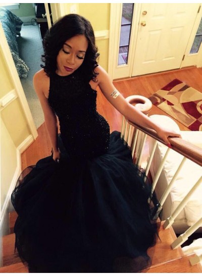 Amazing Black Mermaid  Ruffles Beaded Long African American Black Women's Prom Dresses 2022
