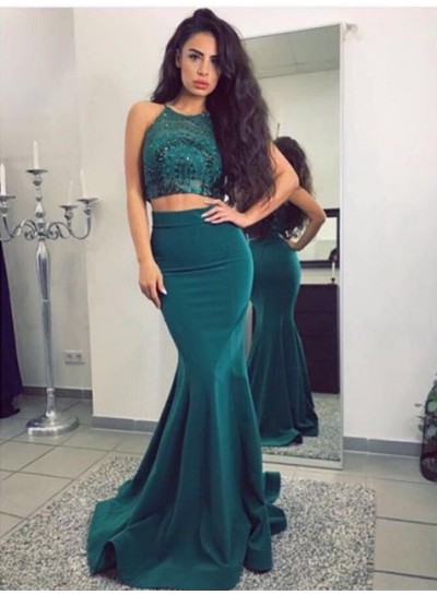 2022 Charming Teal Elastic Satin Mermaid  Halter Two Pieces Long Prom Dresses