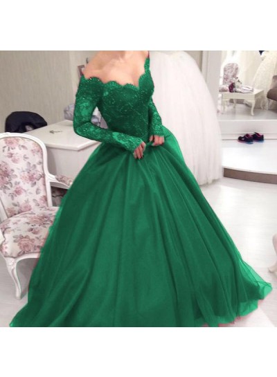 Off Shoulder Lace Long Sleeves Sweetheart Emerald Ball Gown Prom Dresses