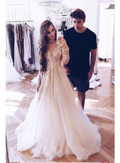Charming A Line Long Sleeves Tulle Ivory Sweetheart Long Prom Dresses With Appliques