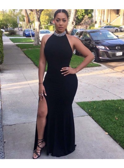 Sexy Black Side Slit Halter Backless Sheath Black Women's Prom Dresses 2022