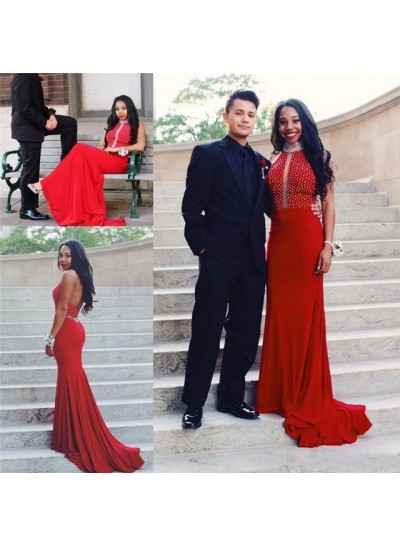 Charming Red Sheath Beaded Backless Long Prom Dresses 2022