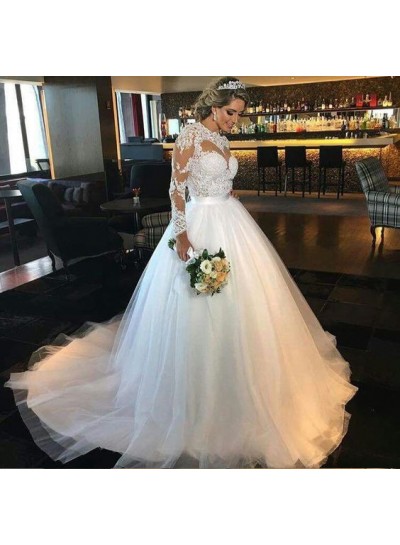 2022 Elegant A Line Tulle Long Sleeves Sweetheart Wedding Dresses