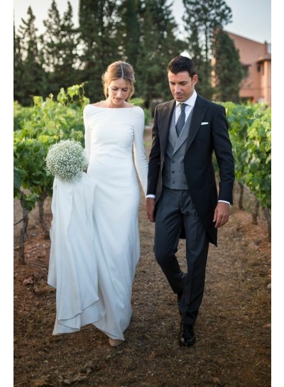 2022 Simple Sheath Crew Neck Long Sleeves White Long Backless Wedding Dresses