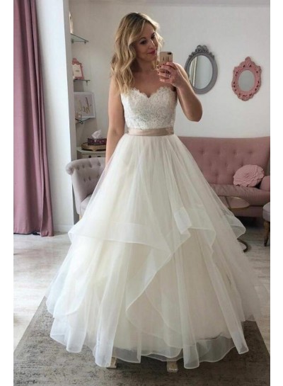 Elegant A Line Sweetheart Organza Ivory Lace Wedding Dresses With Belt 2024