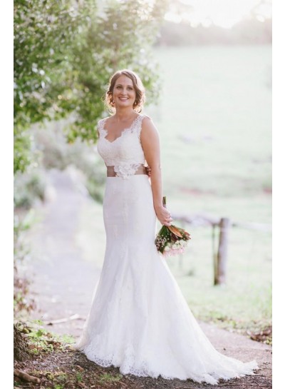 2023 Elegant Sweetheart Mermaid  White Lace Wedding Dresses With Belt
