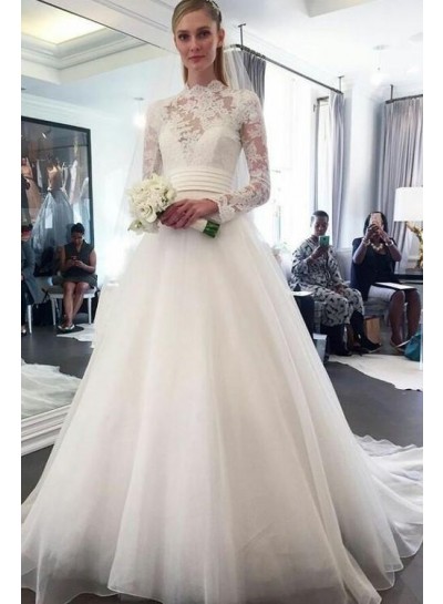 Elegant A Line Organza Long Sleeves High Neck Lace Wedding Dresses 2024