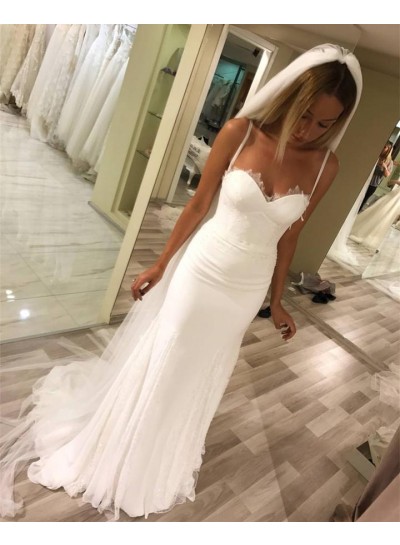 2024 Newly Sheath White Floor Length Chiffon Sweetheart Spaghetti Straps Wedding Dresses